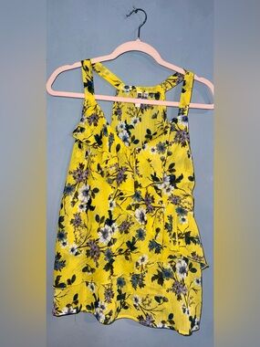 KUT from the Kloth Yellow Floral Ruffle Tank Top Large Petite
